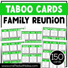 the printable family reunion game is in green and white with black lettering on it