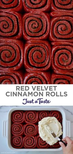 red velvet cinnamon rolls with cream cheese frosting in a baking dish and then topped with icing