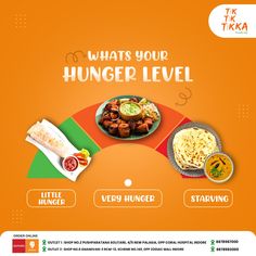 the menu for what's your hungry level? is displayed on an orange background