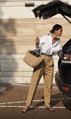 Slip Dress And Button Down Shirt, Khaki Dress Outfit Summer, Parisian Handbag Style, Minimal Luxury Aesthetic Outfit, Nuisances Casual, Hot Summer Dinner Outfits, Casual Wedges Outfit, Summer Outfits Milan, Quiet Luxury Outfit 2023