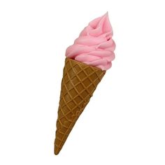 an ice cream cone with pink icing on it's tip, against a white background