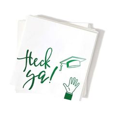 two napkins with hand prints on them and the words teach yoga written in green ink