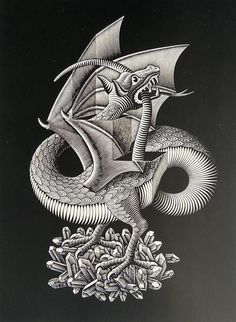 a black and white drawing of a dragon sitting on top of an animal's tail