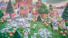 a painting of a garden with lots of flowers and plants on the ground, in front of a pink building