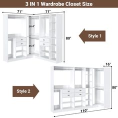 three white closets are shown with measurements for the doors and shelves in each section