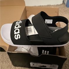 Brand New With Box, Size 7 Summer Black Adidas Sandals, Casual White Adidas Sandals, Black Adidas Logo Sandals, Adidas Nizza Platform, Adidas Ultraboost 19, Adidas Sleek, Adidas Originals Ozweego, Cheetah Print Shoes, Adidas Cloudfoam