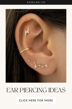 a woman wearing three different types of ear piercings