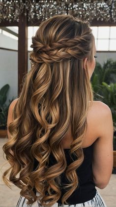 Medium length hair is versatile and can be styled in various ways for prom. Discover 7 cute and easy hairstyles that will make you stand out on the dance floor without spending hours in front of the mirror. Half Pony Hairstyles, Grad Hairstyles, Curly Updos, Cute Prom Hairstyles, Rambut Brunette, Formal Hairstyles For Long Hair, Long Brunette Hair, Simple Prom Hair, Beautiful Brunette