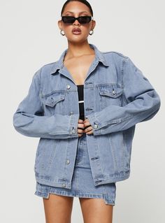 Our best selling denim jacket! Oversized denim jacket Button-up fastening, four pocket design, single button cuff, silver-toned hardware, button tabs at side, light wash denim Cotton/Polyester blend Cold machine wash Western Denim Jacket, Denim Jacket Oversized, Shiny Pants, Pink Formal Dresses, Corsets And Bustiers, Oversized Denim Jacket, Long Sleeve Tops Casual, Faded Denim, Strapless Tops