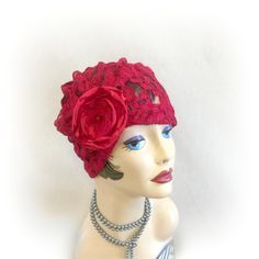 Red Rose Lace Fashion Turban - Red Rose Brooch - The Evie Fashion Turban, Stretch Lace Fabric, Black Fascinator, Rose Brooch, Red Rose Flower, Elegant Hats, Flapper Style, Hat Handmade, Doll Hat