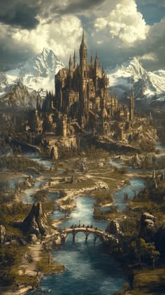 a painting of a castle in the middle of a mountain range with a river running through it