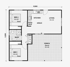 the floor plan for a two bedroom house with an attached kitchen and living room area