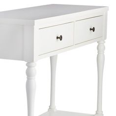 a white table with two drawers on one side and an open drawer on the other