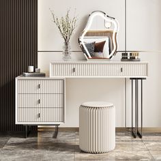 a white dressing table with a round mirror and stool in the corner next to it