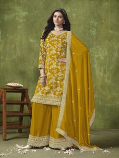 Yellow Dola Silk palazzo Suit with Wevon Jacquard, Embroidery Work Processing Time : 7 Business Days Work : Wevon Jacquard, Embroidery Work Fabric:Top : Dola Silk Bottom : Chinon Dupatta : Chinon Color:Top : Yellow Bottom : Yellow Dupatta : Yellow Plazzo Suits, Palazzo Style, Palazzo Suit, Patiala Salwar, Punjabi Salwar Suits, Silk Bottoms, Casual Saree, Salwar Kameez Designs, Ethnic Dress