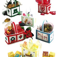 several small boxes with designs on them are arranged in the shape of christmas gifts and decorations