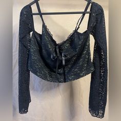 Lace Crop Tank Top With Attached Sleeves New Never Used Size Xl True To Size Super Cute For Spring/Summer Black Lace Crop Top For Spring, Casual Black Lace Blouse, Skull Crop Top, Goth Crop Top, Attached Sleeves, Fringe Crop Top, Plaid Tank Top, Y2k Crop Top, Rose Girl