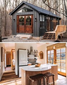 two pictures side by side one has a kitchen and the other has an outside bar