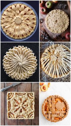 four different types of pies are shown in this collage, including apple pies