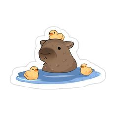 a sticker with an animal and ducklings on it's head in the water