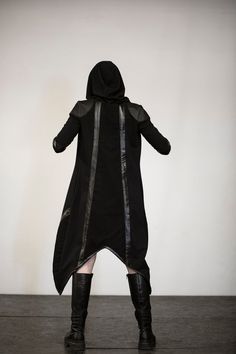 Long cotton lycra jacket designed with eco leather and lace on the back side. The model on the picture is wearing size S. Big hood, no zipper, no pockets, with thumbholes. Collection 'DISTRESSOR' Spring '21 Post Apocalyptic Fashion, Apocalyptic Fashion, Light Coat, Womens Jackets, Jacket Design, Macedonia, Long Hoodie, Black Jacket, Leather And Lace