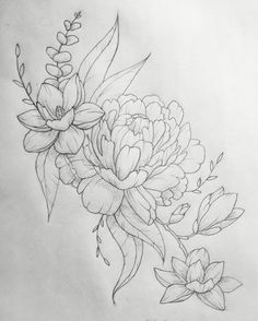 a pencil drawing of flowers and leaves