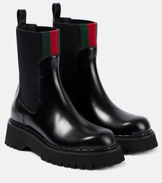 Web Stripe leather Chelsea boots in black - Gucci | Mytheresa Gucci Black Boots, Gucci Boots, Rounded Toe Boots, Ankle Boots Flat, Black Chelsea Boots, Leather Chelsea Boots, Gucci Black, Gucci Shoes, Black Ankle Boots