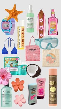 an assortment of beach items including sunscreens, body lotion and other personal care products