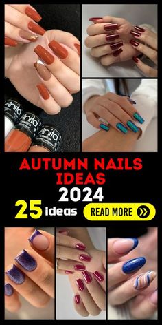 Autumn Nails Gel Polish, Autumn Nails 2024, Fall Nails 2024 Color Trends, Autumn Nail Trends, Nail Tape, Blue Polish, Short Square Nails