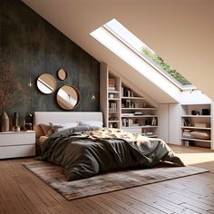 a bed sitting under a window in a bedroom