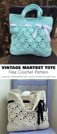 an image of a crocheted purse on a chair with the text vintage market tote free project pattern