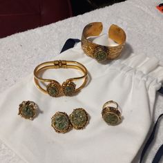 Green Sphene Stone's / Vintage Jewelry 5pc Set Cheap Green Gold-plated Jewelry, Vintage Green Decorative Jewelry, Tarnish-resistant Gold-plated Green Jewelry, Tarnish Resistant Green Gold-plated Jewelry, Vintage Green Brass Jewelry, Green And Gold, Gold Jewelry, Vintage Jewelry, Women Jewelry