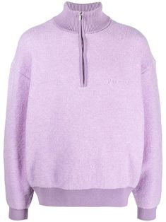 light purple merino wool blend high neck short front zip fastening long sleeves ribbed-knit edge drop shoulder straight hem When buying this unisex item, keep in mind that it is graded in standard men's sizing. Half Zip Jumper, High Neck Jumper, Knit Edge, Drop Shoulder Sweaters, Hem Style, Knitwear Women, Light Purple, Half Zip, Zip Up