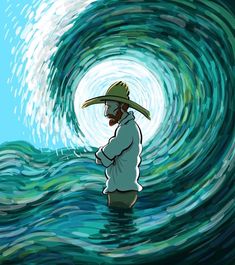 a man standing in the middle of a wave with a hat on his head and wearing a straw hat