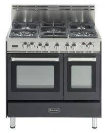 an oven with four burners and two doors on each side, in front of a white background