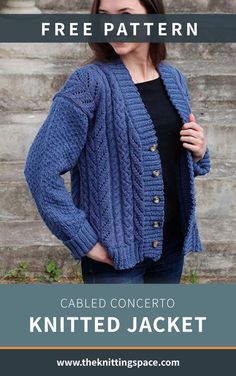 a woman wearing a blue knitted jacket with text overlay that reads, free pattern