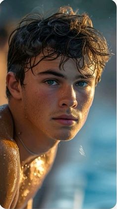 a close up of a person with water on his face and hair in the sun