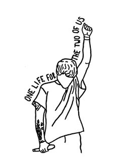 a black and white drawing of a person raising their hand