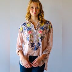 A Field Of Embroidered Flowers Enlivens This Easy, Effortless Blouse From Johnny Was. Our Johnny Was Embroidered Odette Blouse, $268 Is A Feminine Top With A 5-Button Placket And Pairs Perfectly With Your Favorite Denim And Is Fit For Any Occasion. With Its Trendy And Sophisticated Embroidered Design And Chic Pops Of Color, This Top Can Effortlessly Elevate Any Outfit Or Special Occasion. Pair With Simple Denim For A Timeless Boho Look! Feminine Top, Boho Look, Johnny Was, Embroidered Design, Embroidered Flowers, Button Placket, Dusty Pink, Color Pop, Anthropologie