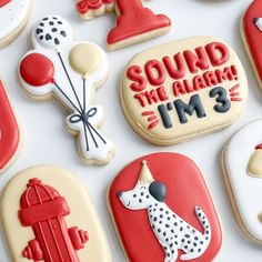 decorated cookies with the words sound the alarm 3m3 and fire hydrant on them