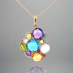 Gorgeously crafted with 14K Rose Gold, this shimmering necklace features a stunning combination of precious diamonds, amethyst, citrine, blue topaz, and peridot. Revel in luxe elegance and make a statement with this timeless piece! Jewelry Style : Pendant w/ Chain Metal Type : 14K Rose Gold Brand : Effy Stone Type : Multi Stone Multi Stone Weight : 12 ctw Diamond Stone Weight : 0.14 ctw Color : H-I Clarity : SI2-I1 Elegant Multicolor Gemstone Pendant, Elegant Multicolor Pendant Gemstones, Multi Gemstone Necklace, Jewelry Style, Gold Branding, Rose Gold Diamonds, Multi Stone, Diamond Stone, Stone Pendants