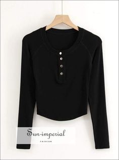 Women Ribbed Black Long Sleeve O Neck front Buttons Cropped top T- Shirt Long Sleeve Black Shirts For Women, Cheap Ribbed Collared Tops, Cheap Black Long Sleeve Knit Top, Affordable Black Long Sleeve Knit Top, Cheap Black Button-up Sweater, Cheap Sporty Long Sleeve Shirt, Cheap Black Collared Tops, Cheap Black Ribbed Crop Top, Cheap Stretch T-shirt With Button Closure