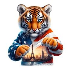 a tiger holding an american flag in front of the eiffel tower and building