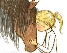 a drawing of a girl hugging a horse