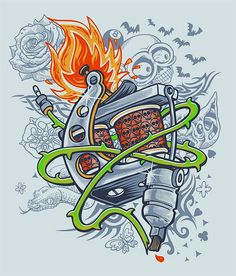 a drawing of a tattoo machine with flames coming out of it