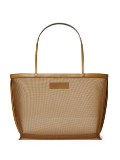 caramel brown semi-sheer construction mesh panelling leather trim appliqué logo two long top handles open top main compartment unlined Mesh Tote Bag For Shopping, Mesh Tote Shoulder Bag With Mesh Lining, Shopping Tote Shoulder Bag With Mesh Lining, Mesh Tote Bag With Mesh Lining, Shopping Shoulder Bag With Mesh Lining, Everyday Tote Bag With Mesh Lining, Mesh Tote Bag For Daily Use, Everyday Mesh Lining Tote Bag, Everyday Mesh Tote Bag