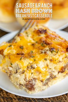 sausage and brown hashbrown breakfast casserole on a white plate