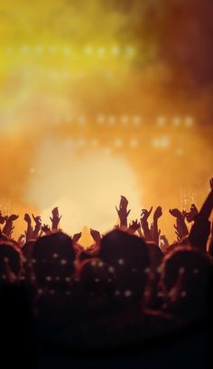 a crowd of people at a concert with their hands in the air and lights on