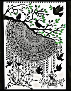 a black and white drawing of birds on a tree branch with a birdcage hanging from it