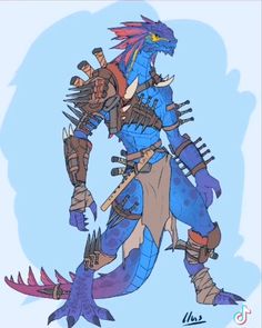 a drawing of a blue and orange creature with spikes on it's head, holding two swords